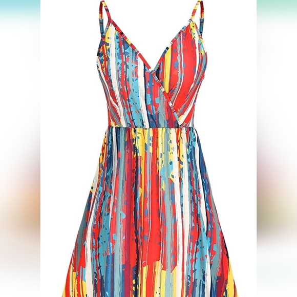 Colorful Spaghetti Strap Summer Dress with Pockets - Picture 3 of 3
